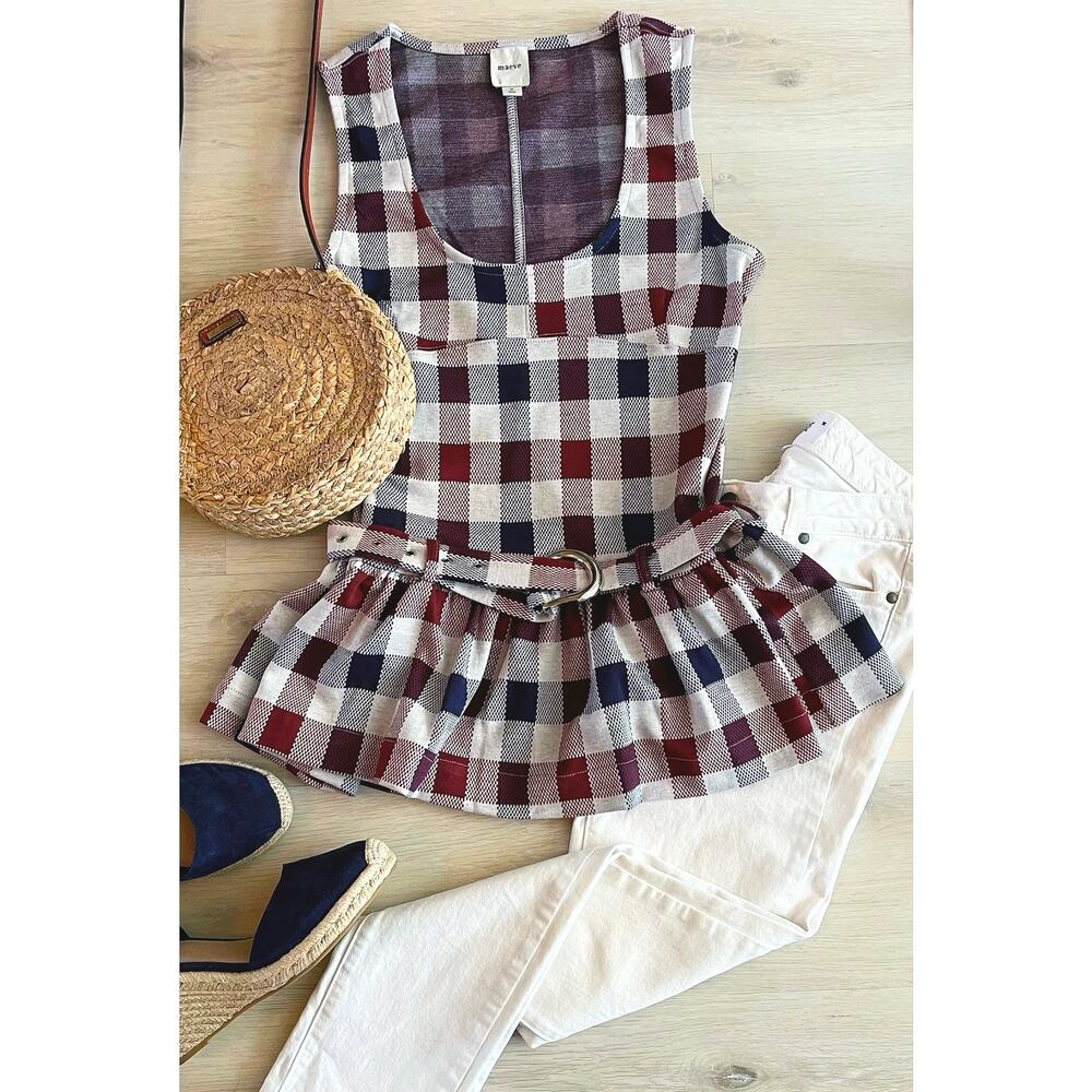 Maeve Plaid Peplum Tank Top in Burgundy, Navy & Cream
